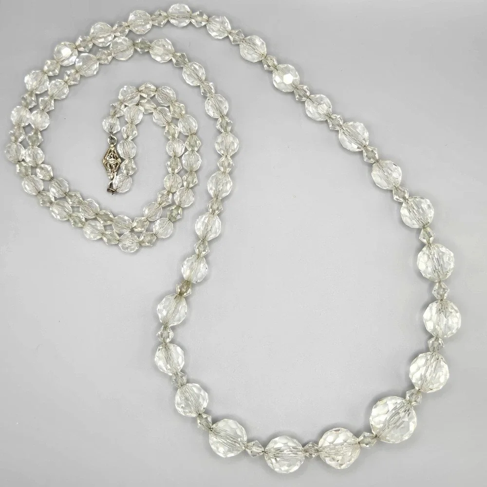 Vintage Clear Faceted Crystal Glass Bead Graduated Necklace 30 In Filigree Clasp